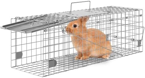Live Animal Cage Trap, 24" x 8" x 8" Humane Cat Trap Galvanized Iron, Folding Animal Trap with Handle for Rabbits, Stray Cats, Squirrels, Raccoons, Groundhogs and Opossums