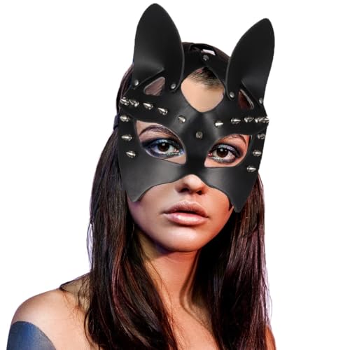Women'S Leather Mask For Night Club, Rivets Mask, Half Face Fashionable Mask For Dress-Up Party, Masquerade Mask, Carnival