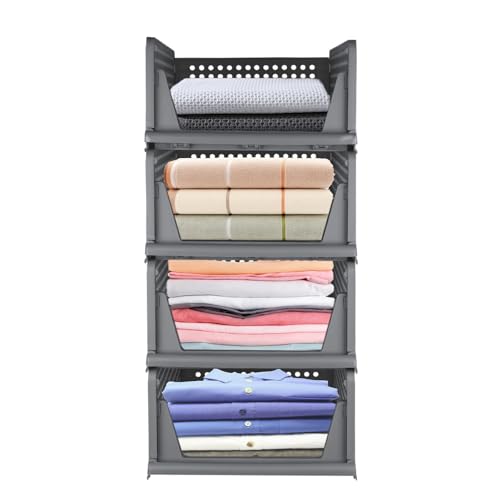Lot de 4 grands Organisateur Tiroir Boite Rangement Vetement Pliable et Empilable pour Armoire Plastique Tiroir Coulissant pour chambre à coucher, salle de bain, 33,5 x 43 x 72 cm, (1 pc) - (Gris)