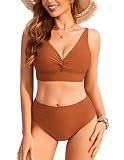 Ekouaer Bikini Damen Set Bauchweg High Waist Bikinis für Damen Sexy Zweiteiliger Badeanzug Twist Front Bademode Swimsuit, Karamell XL