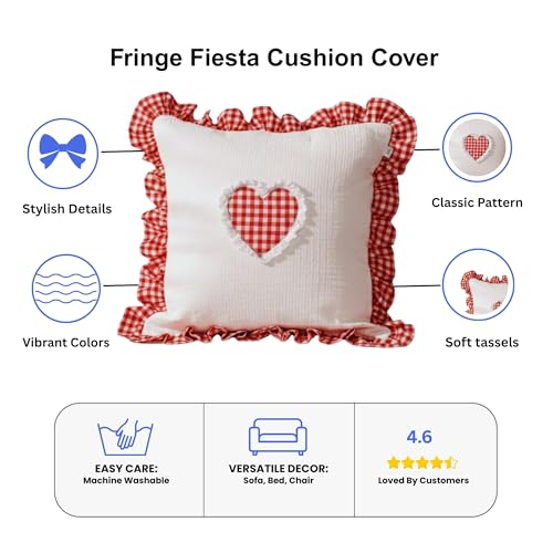 Image of Sleepy Threads Cotton Cushion Cover 16 Inches x 16 Inches, Checkered Frilled Border with Cute Red Heart Decorative and Soft Sofa Cushion Cover for Living Room, Bedroom, Couch and Home Decor