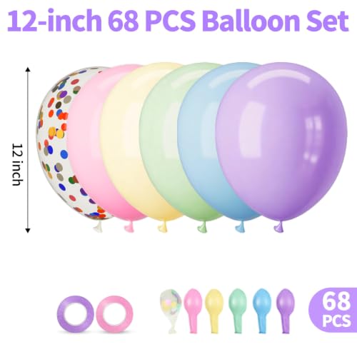 Image of 12 Inch Pastel Balloons Pink Blue Green Purple Yellow 68Pcs Pastel Rainbow Latex Balloon with Colorful Confetti Party Balloons for Easter Birthday Baby Shower Bridal Wedding Party Decoration