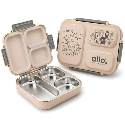 Image of Allo Bento Stainless Steel Lunch Box for Kids- BIS Approved, 304 Stainless Steel 3 Compartment Leakproof Tiffin Box for Boys and Girls for School, Travelling, Baby Snacks, 740ml Beige Cats