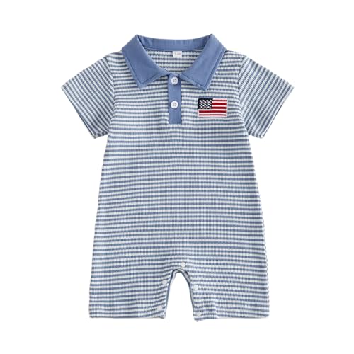 Image of RSRZRCJ Newborn Outfits Baby Boy Clothes Summer Short Sleeve Waffle Knit Collared Sailboat Embroidery Romper Jumpsuit