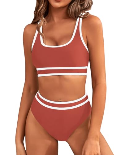 Yeenily Damen Badeanzug Zweiteiler Sport Bikini Set Sexy High Waist Bademode Triangel Bustier Push Up Strand Tankini Bauchweg Brazilian Swimsuit (Jujube Rot, S)