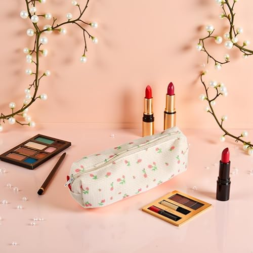 Image of Pink Women Fresh Style Pencil Bag Flower Floral Canvas Large Pen Pencil Pouch Bag Pencil Case Pen Holder Coin Pouch, Simple Cosmetic Storage Bags Makeup Bag Office Stationery Organizer