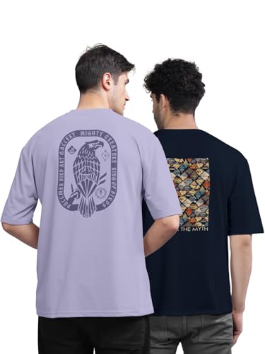 Image of BULLMER Trendy Front and Back Printed Oversized Round Neck T-Shirt for Men - Pack of 2