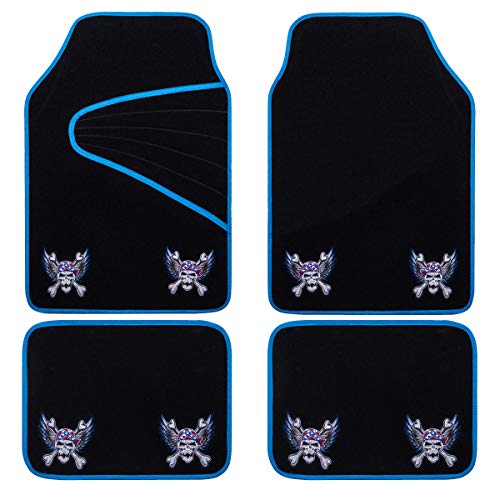 CAR PASS Lot de 4 tapis de sol universels brodés style pirate pour SUV, camions, berlines, camionnettes, Noir et Bleu Cover