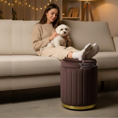 Image of Round Strip Stool with Cushion Foot Rest Office Stool Pouf Ottoman Padded Seat in Living Room - Brown