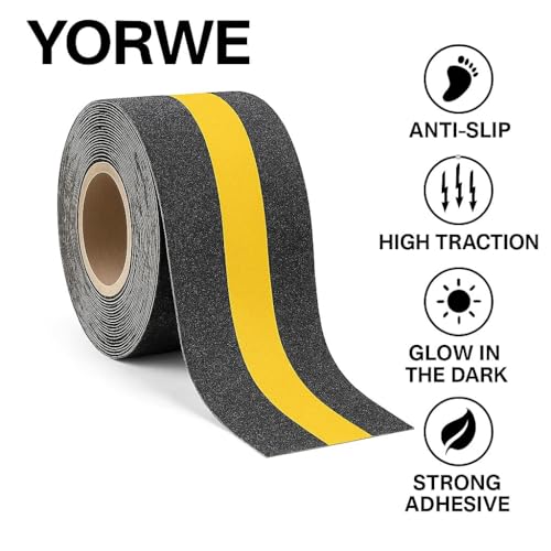 Image of Yorwe Anti Slip Stair Tape with Glow in the Dark Strip - Heavy Duty Waterproof Non Slip Traction Tape for Stairs, Steps, Outdoor & Indoor Safety (Black and Yellow, 10 Meter)