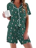 Ekouaer Pajamas Set for Women Short Sleeve Sleepwear Button Down Pjs Soft 2 Piece Lounge Sets Green Christmas Deer L