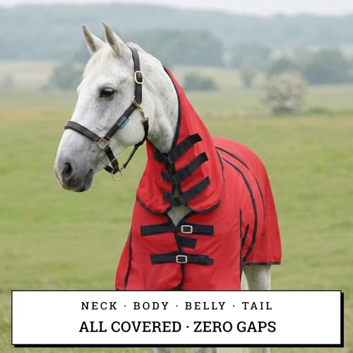 Image of Horse Fly Sheet with Attached Neck Cover & Tail Flap | UV Protection Mesh Horse Blanket, Full Body Bug & Sun Shield, Buckles, Belly Wrap & Gussets for Spring Summer Riding Rug (Red, 68 inch)