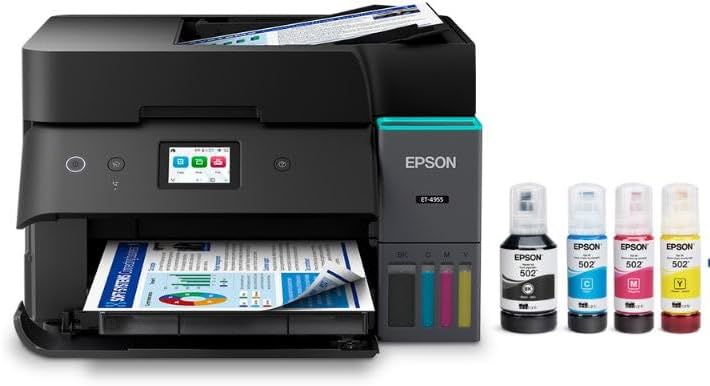 Epson EcoTank ET-4955 Wireless All-in-One Color Supertank Printer, Refillable Tanks, 2.4" Color Touchscreen, Auto Document Feeder, Auto Duplex Print/Copy, Scan, 250-Sheet Paper Tray – Black