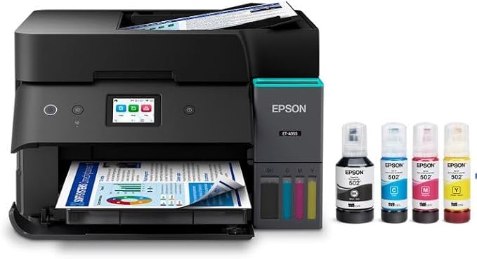 Epson EcoTank ET-4955 Wireless All-in-One Color Supertank Printer, Refillable Tanks, 2.4" Color Touchscreen, Auto Document Feeder, Auto Duplex Print/Copy, Scan, 250-Sheet Paper Tray – Black