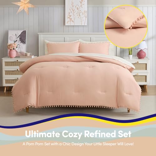 Image of Kids Comforter Set Full Size - Bed in a Bag with Sheets, Pillowcases & Shams - Soft Stylish Pom Pom Bedding - All Season Girls Bed Set