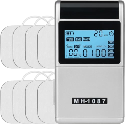 Tens Machine EMS Muscle Stimulator, Back Pain Relief, 4 Channels, 8 Electrodes/Unit Pads, Full Body Acupuncture Massage with 48 Modes, Stim Machine