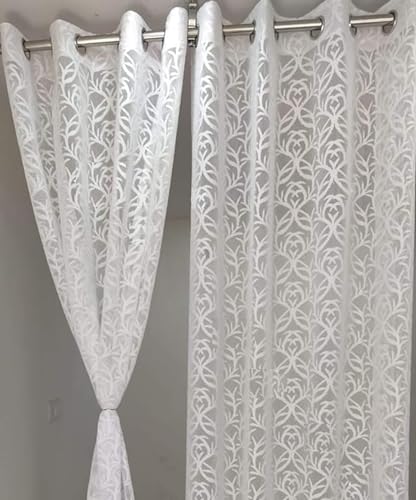 Image of Net Semi Transparent Sheer Curtain /Parde for Long Door Curtain 9 Feet Long Set of 3 Pcs for Window, Door, Living Room, White Color