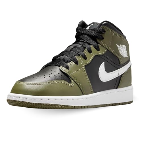 Image of Air Jordan 1 Mid Big Kids' Shoes (DQ8423-092, Black /Medium Olive /White) Size 3.5