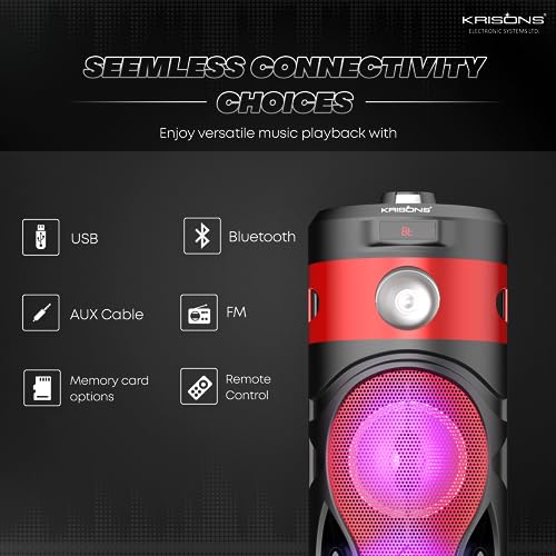 Image of Krisons Cylender 111 50W Portable Speaker with 4 inch X2 / Double Woofers, in Built Torch, Remote Control with Bluetooth, FM, USB, Micro SD Card and AUX Connectivity (Red)