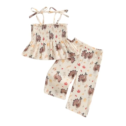VISGOGO Halloween Toddler Girl Outfit Pumpkin Smocked Tie-up Spaghetti Strap Tops Leg Pants Halloween Baby Girl Clothes