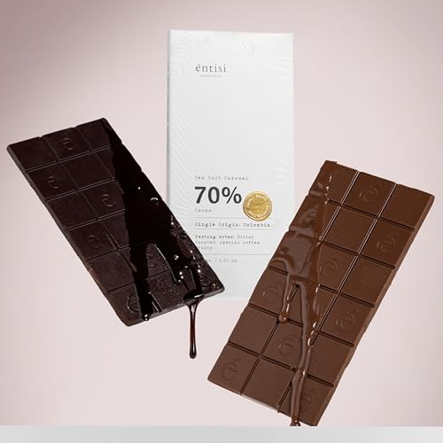 Image of Entisi Dark Chocolate Bar - Chocolates In Fresh, 70% Cocoa, Single-Origin Colombian Chocolate With Sea Salt Caramel, Rich In Antioxidants, With Crunchy Texture, Premium Snack or Gift Option,65 G
