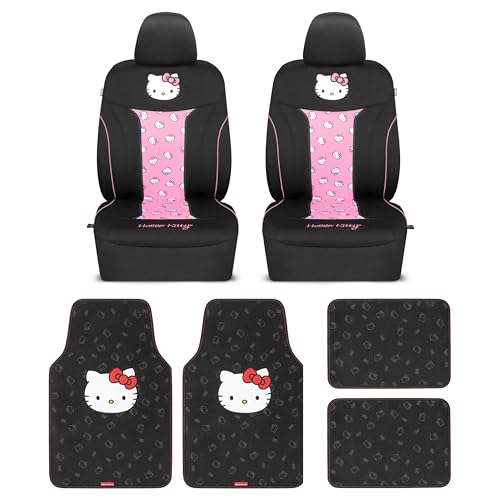 Hello Kitty Car Seat Covers - Cute and Durable Pink Front Seat Covers with 4PC Carpet Car Floor Mats - Universal Fit for Cars, SUVs & Trucks - Black with Red Bow & Hello Kitty Print