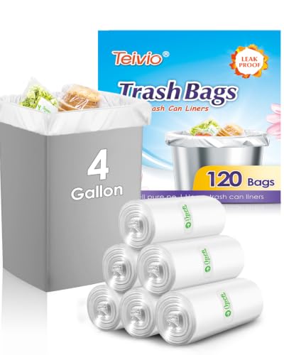 Image of Teivio Small Trash Bags 4 Gallon 120 Counts Garbage Bags, Bathroom Trash Can Bin Liners, Small Plastic Bags for home office kitchen, fit 12-15 Liter, 3,3.5,4.5 Gal, Clear