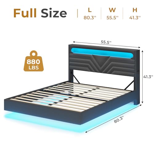 Image of HAUOMS LED Floating Bed Frame Full Size with Storage Headboard,Dark Grey