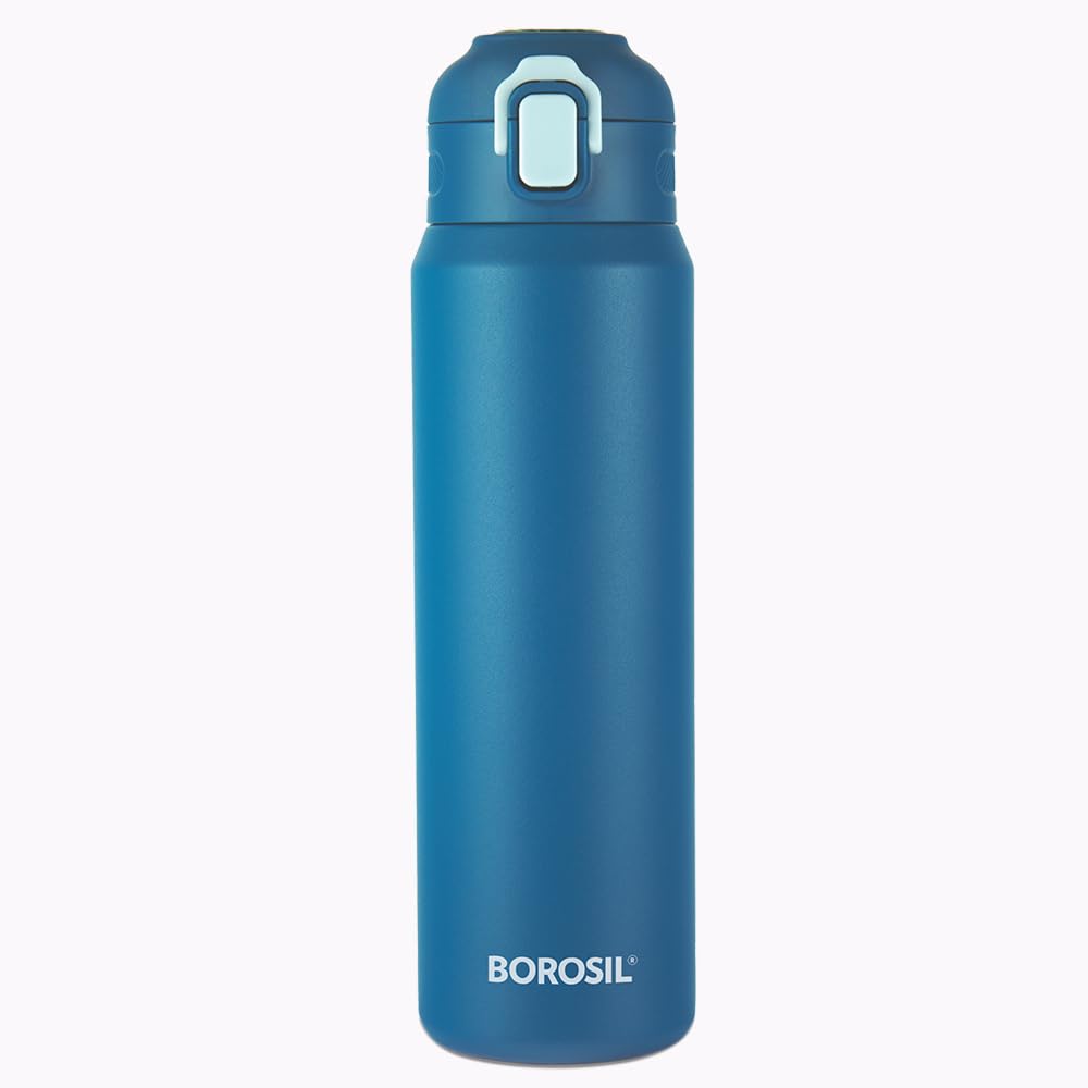 Borosil Aquasport 800 ml Stainless Steel Insulated Water Bottle | Double Wall Vaccum Insulated, Flask | 10 Hours Hot & Cold | Bottle for Office, Gym, School | 1 Year Warranty, Blue