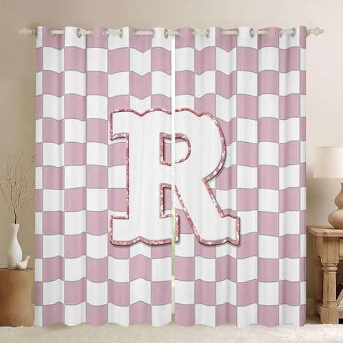 Image of Erosebridal Pink Initial R Window Curtains 38 inch Wx45 L Kawaii Plaid Checkered Blackout Curtains for Kids Girls Bedroom,Cute Personalized Monogram Window Treatments Grids Gingham Drapes Decor 2 Panels