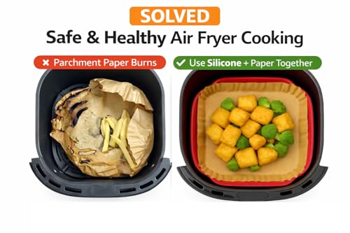 Image of 1 Silicone Air Fryer Liner + 100 Paper Sheets | Reusable Silicone Liner with Disposable Parchment Paper | Non-Stick, Heat Resistant, Oil-Proof | Easy Clean for Air Fryer, Oven & Microwave