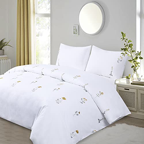 Chlophy King Size Duvet Cover Sets White Yellow Floral Bedding Set Embroidered Flower Cottagecore Elegant Botanical Wildflower French Country Cottage Fresh Summer Blossom - Image 2