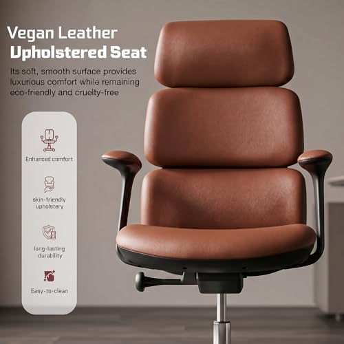 Image of DROGO Cloud Ergonomic Office Chair for Work from Home | Premium Vegan Leather with 3-Section High Backrest Cushion | Computer Chair with 4 Recline Tilt-Lock Positions & Heavy Duty Metal Base (Tan)