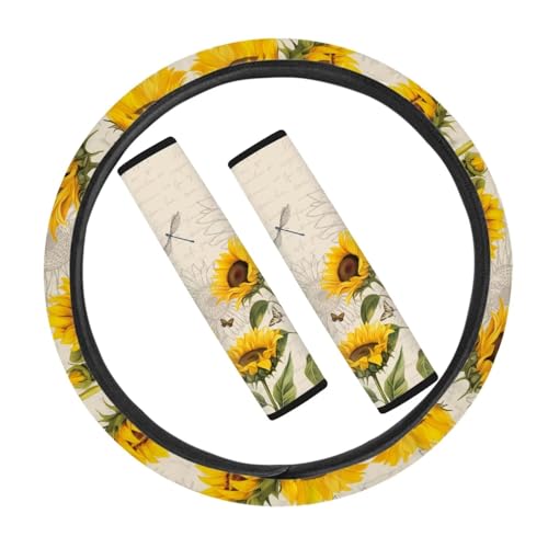 Tupalatus Non-Slip Neoprene Steering Wheel Cover for Women Girls Steering Wheel Protector 3 Packs Steering Accessories Set with Seat Belt Shoulder Pads, Sunflower Dragonfly Retro