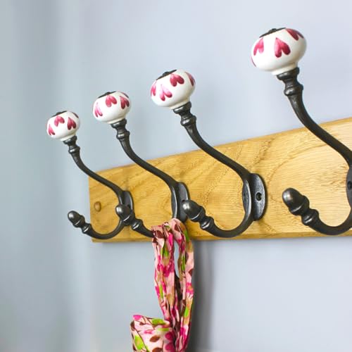 Image of Oakcrafts Hand Finished Pink Petal Ceramic Coat Hooks - Antique Cast Iron with Ceramic Tips - Pack of 4