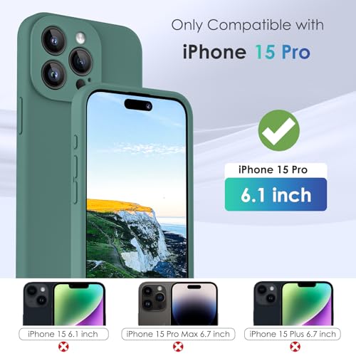 CALOOP Slim-Fit for iPhone 15 Pro Case,Skin Soft Liquid Silicone,Sturdy Hard Frame Shockproof Cover with Anti-Scratch Microfiber Lining,Full Protection for Screen and Camera Lens 6.1 inch(Pine Green) - Image 3