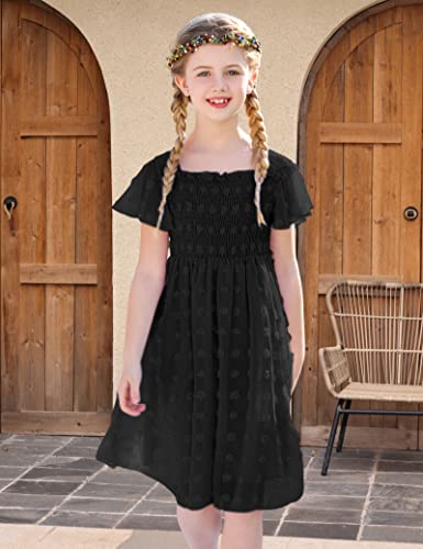 Kids4Ever Solid Black Flared Sleeve Swiss Dot Dress For 10 11 Years Old Girls Chiffon Ruffle Skirts Square Neck Dresses Size 10-11 Big Girl Swing Midi Dress Classy Easter Frocks #TOP2