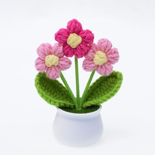 Image of YiQiYi Crochet Flowers Artifical Small Patted Flowers for Office Desk Car Dashboard Decor Motivational Gifts for Women Handmade Knitted Flowers Home Decoration (Puff Flower Pink)