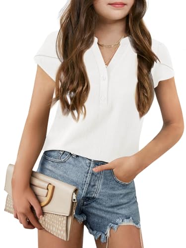 Image of Haloumoning Girls Petal Short Sleeve T Shirts V-Neck Tops