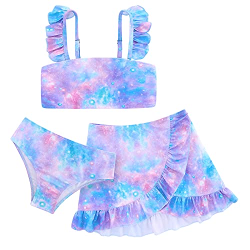 ALISISTER Little Girls Bathing Suits 3 Piece Swimsuit Galaxy Space Printed Bikini Tankini Sets with Cover Up Skirt Summer Beach Swimwear 10 Year Old Blue