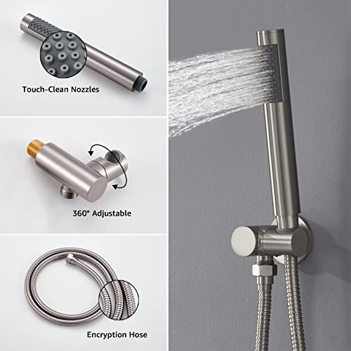 Image of Iriber Brushed Nickel Shower System Wall Mounted Shower Faucet Mixer Set with 12 Inches Rain Shower head and Handheld, Bathroom Shower Trim Kit Contain Pressure Balance Valve