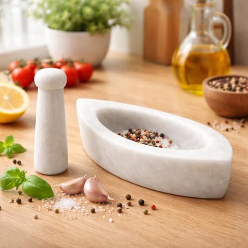Image of White Boat Shape Marble Mortar and Pestle Set Stone 6 Inch, Khalbatta, Imamdasta, Kharal, Kundi, Okhli, Musal, Mixer, Silbatta Kitchen tool for Grinding Ingredients