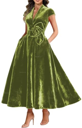 Robe mère de la mariée en velours longueur thé avec col en V élégant WQL091