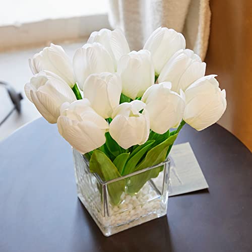 Xmay Gift Artificial Flowers Tulip Floral Arrangement In Vase - Fake Flowers Silk Tulips Centerpiece - Modern Artificial Silk Flowers For Home Bathroom Office Table Shelf Decoration (White) #TOP3