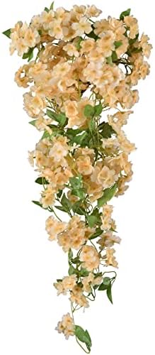 Artificial Hanging Flowers Cherry Blossom Climbing Plant with Basket for Wall Decoration, Fake Flowers Basket Hanging Plant for Patio Garden Decor, Including semi-conical Hanging Basket (Ivory)