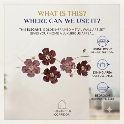 Image of SMILES GIFT Luxury Imported Wall Hanging | Handcrafted Maroon Metal Flower Wall Decoration | Home Decor for Living Room & Office
