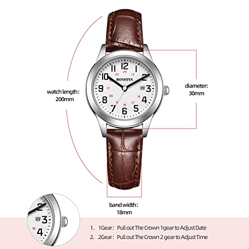 Boshiya Women's Watches Leather Analog Quartz Easy Reader Elegant Ladies Watches Waterproof Business Women Wrist Watches With Date Calendar (Brown Silver) #TOP1