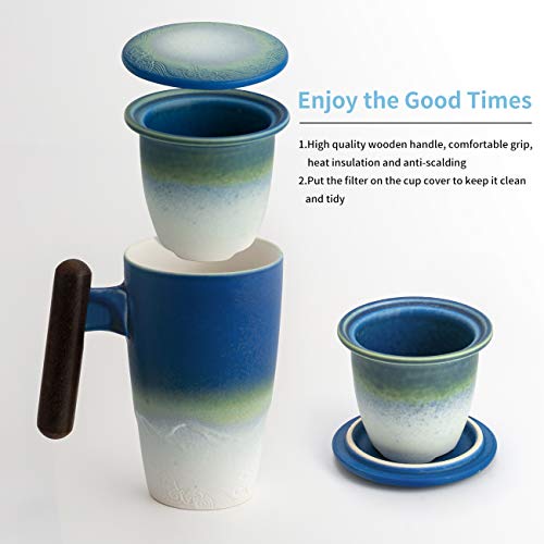 Tomotime Ceramic Tea Cup with Infuser and Lid Tea Mugs Wooden Handle 400ml/13.4oz Cyan Blue