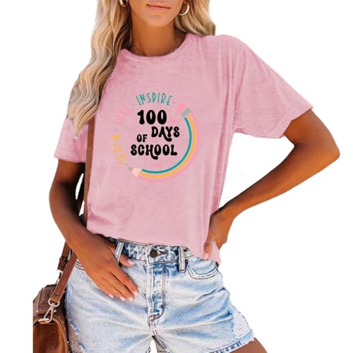 Image of 100th Day of School Shirt for Women Teacher Graphic T-Shirt Funny Teach Short Sleeve Tee Tops
