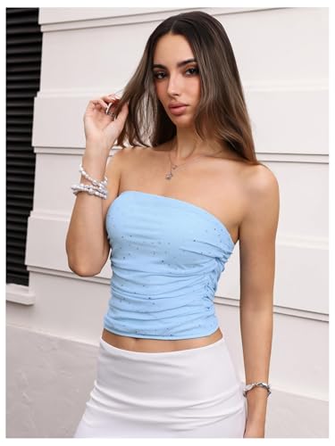 Image of Floerns Women's Rhinestone Sleeveless Bandeau Party Corset Strapless Tube Sequin Top